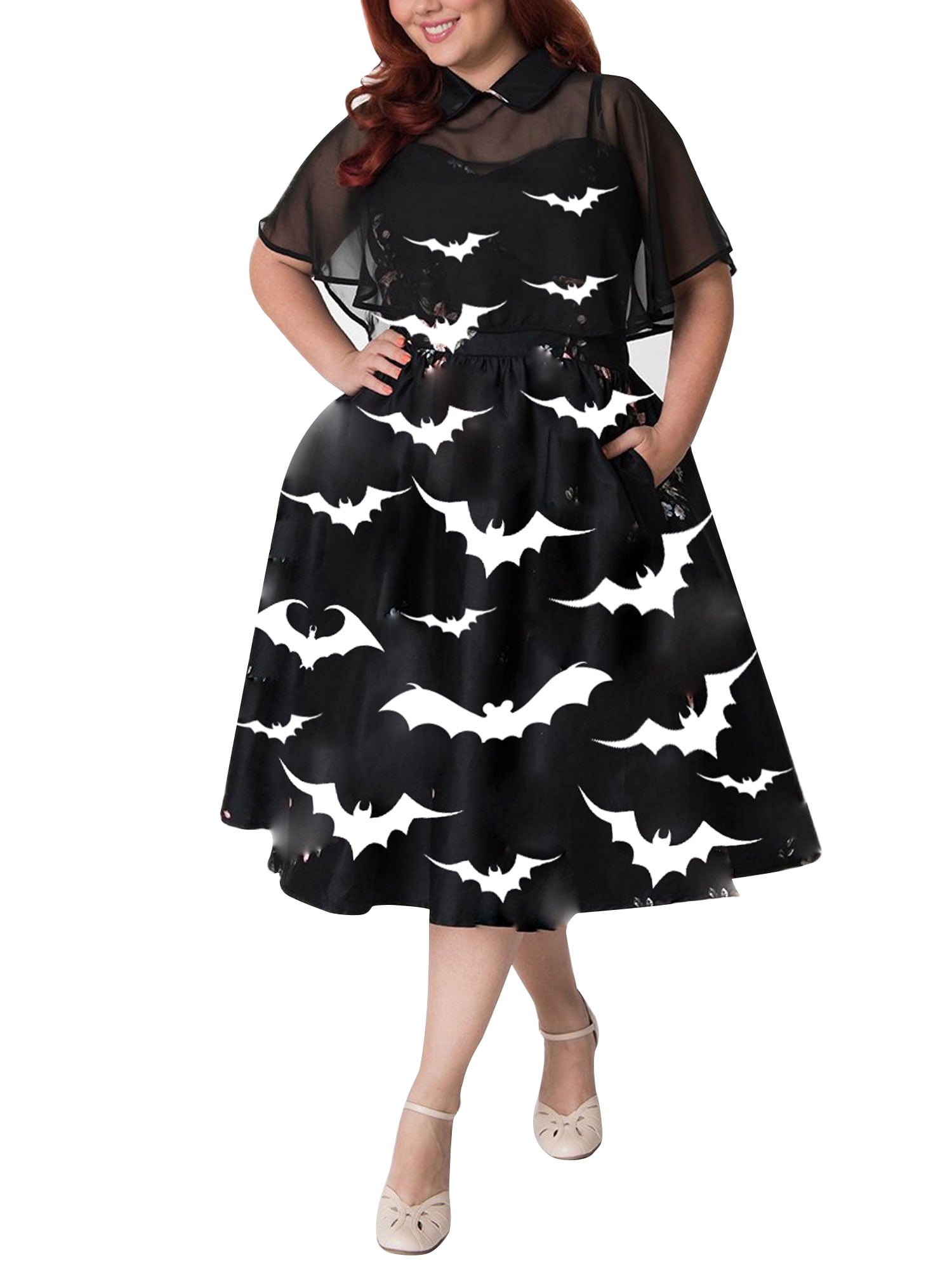 Hengshikeji Women Vintage Long Sleeve Midi Dresses Halloween 50s Housewife Swing Evening Party Prom Dress 