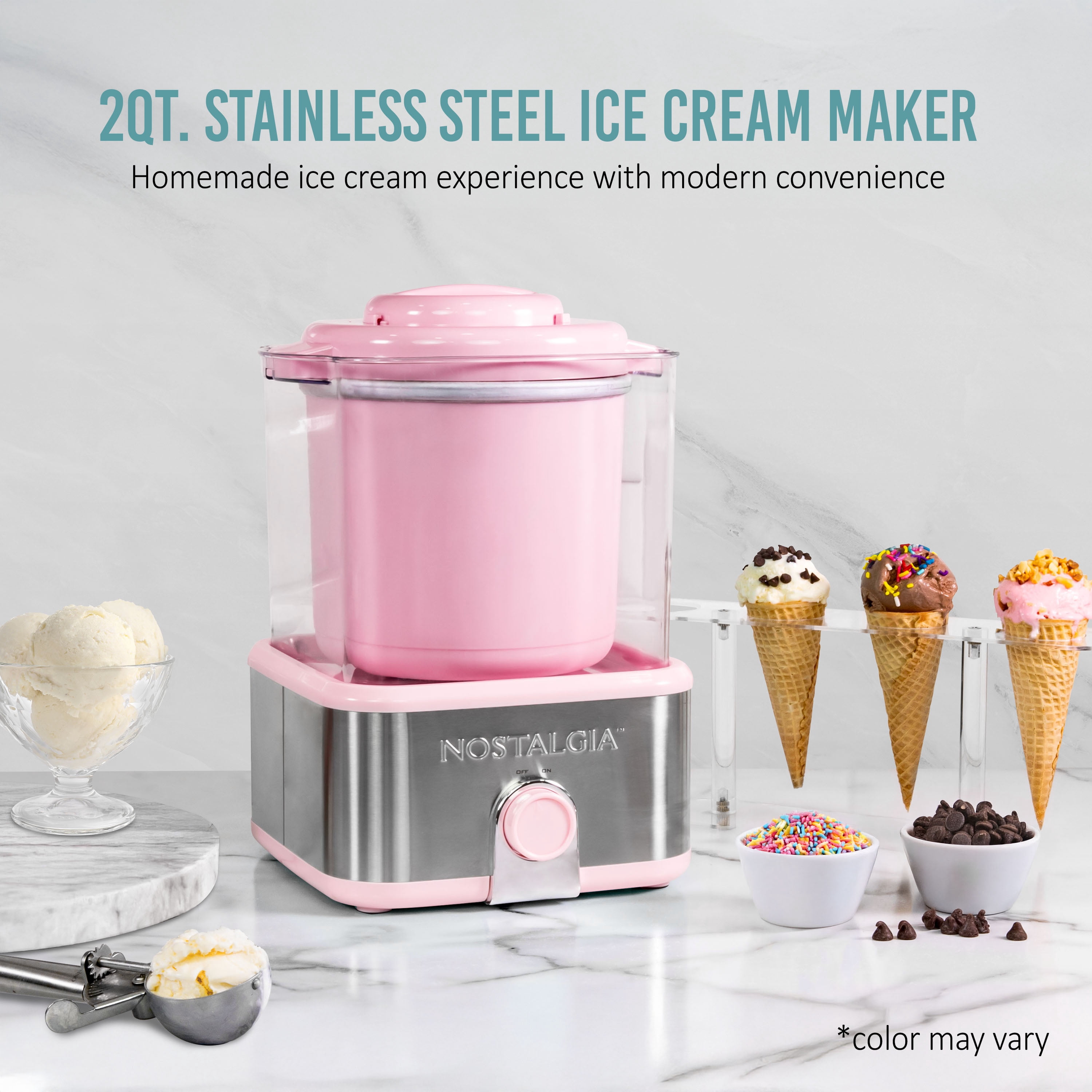 Nostalgia Electric Ice Cream Maker with 2-Qt Double Insulated Gel Canister & Stainless Steel Base - Makes Sorbet, Soft Serve, and Frozen Yogurt - Pink