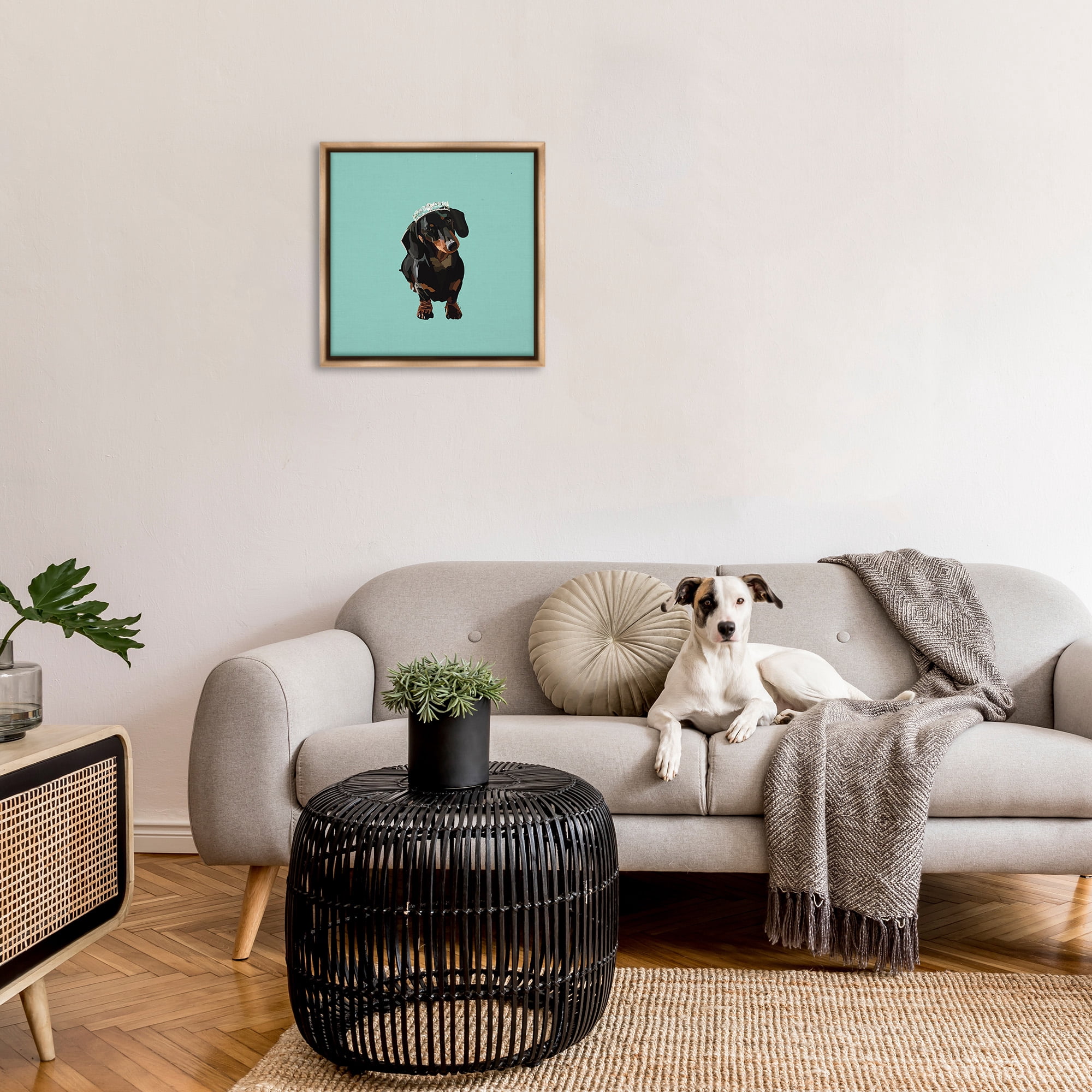 Stupell Industries Dachshund Wearing Tiara Animals & Insects Painting Brown Floater Framed Canvas Art Print Wall Art, 25 x 25