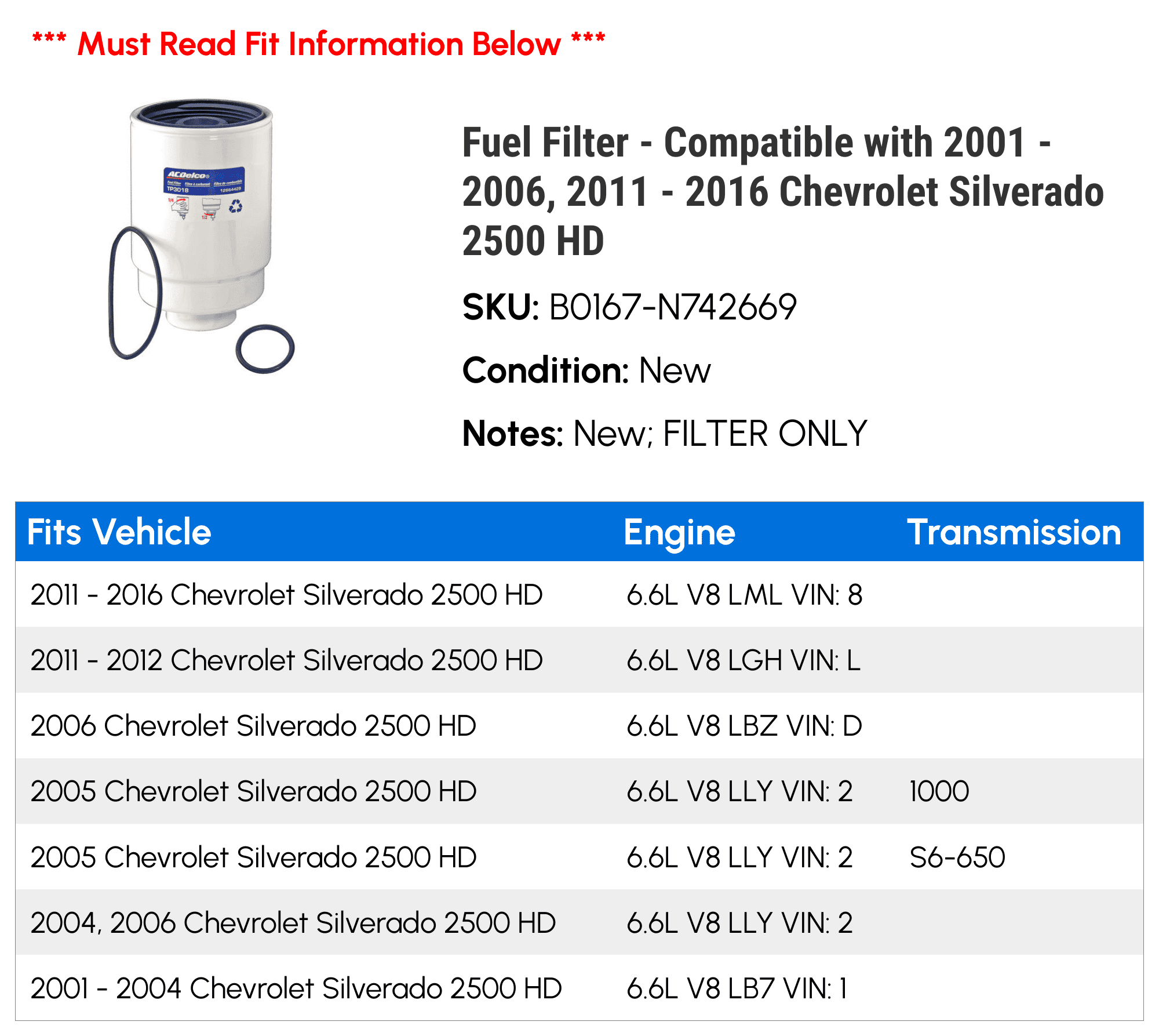Fuel Filter - Compatible with 2001 - 2006, 2011 - 2016 Chevrolet Silverado 2500 HD - AC Delco
