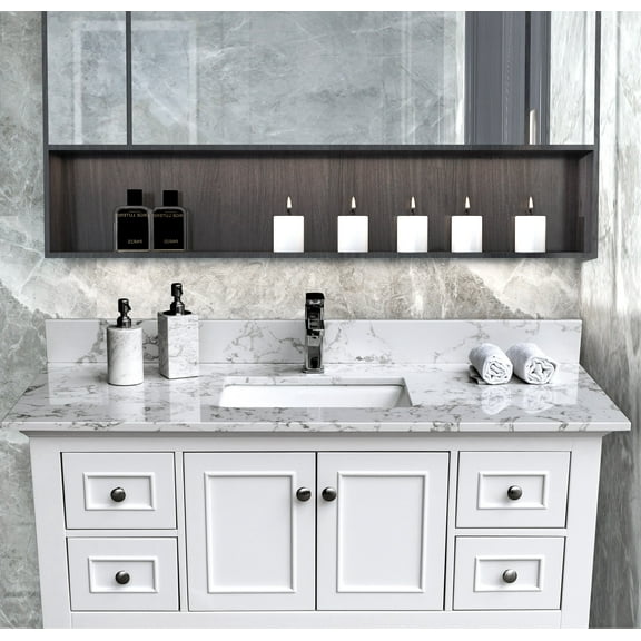 Montary Company 43 inch Engineered White Marble Stone Vanity Top with Ceramic Sink 1 Faucet Hole ( ONLY VANITY TOP)