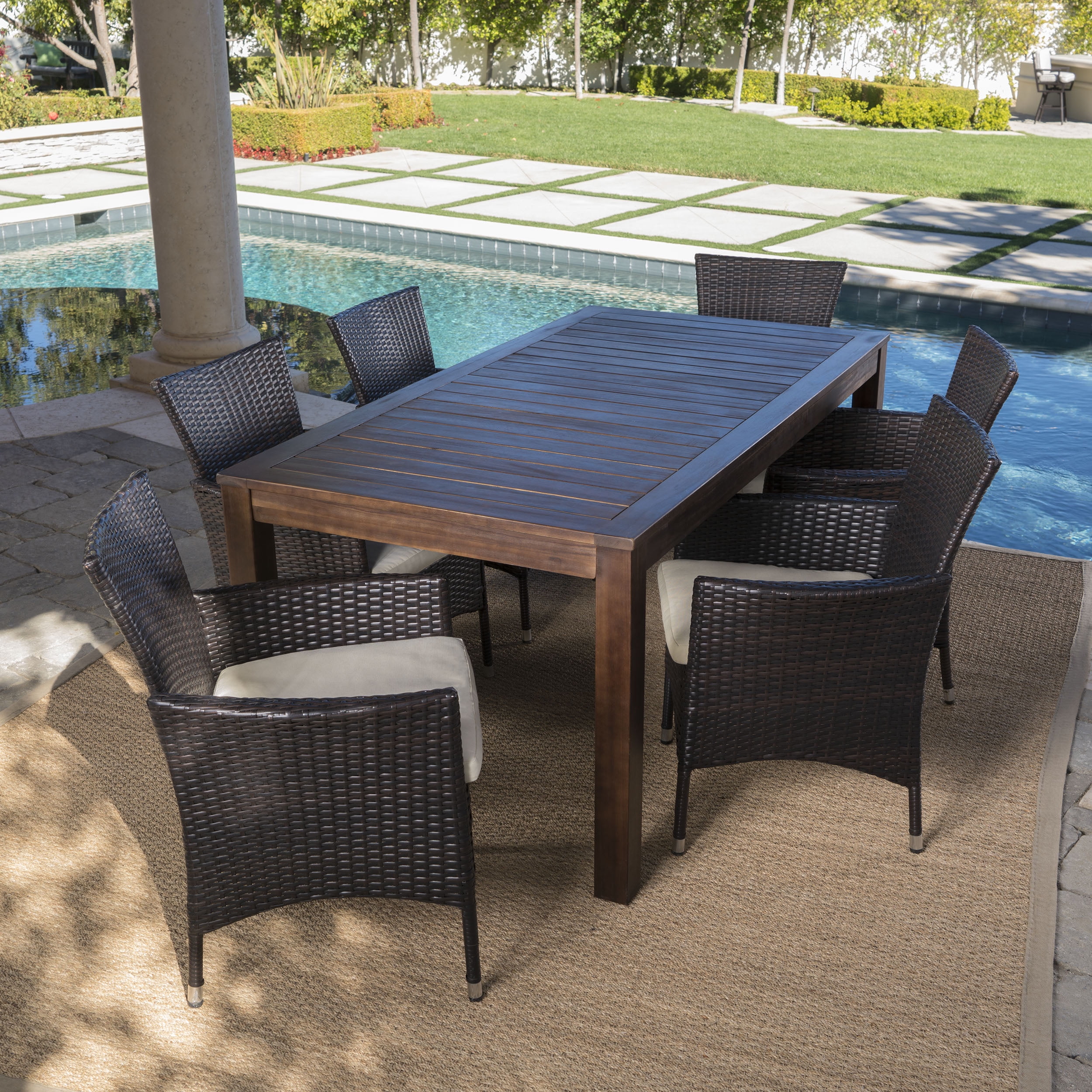 Taft Outdoor 7 Piece Dining Set with Wood Table and Wicker Chairs with