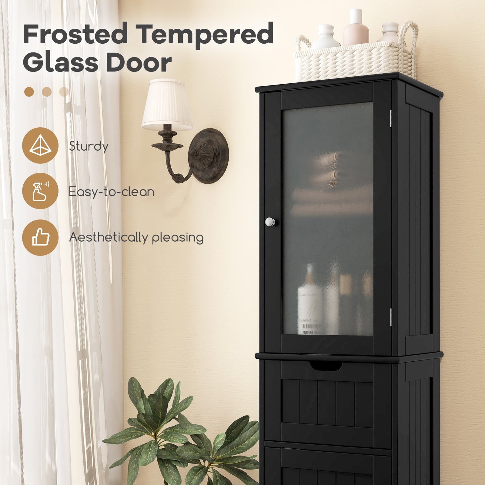 Giantex Tall Bathroom Storage Cabinet, Narrow Slim Linen Tower, Freestanding Floor Cabinet, Black