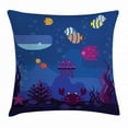 thumbnail image 1 of Cartoon Throw Pillow Cushion Cover, Underwater World Fish in Aquarium and Whale Crabs Jellyfish Bubbles Coral, Decorative Square Accent Pillow Case, 18 X 18 Inches, Blue and Multicolor, by Ambesonne, 1 of 2