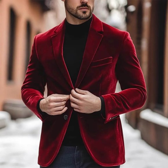 Ceisia Men's Velvet Blazer Jacket Slim Fit Single-Breasted Solid Color Dress Coat for Wedding Party Red S Gifts