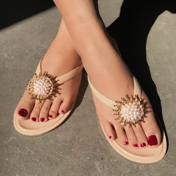 Sandalias planas con correa en T y diamantes de imitación para mujer, zapatos de playa con chanclas Wmkox8yii hj789