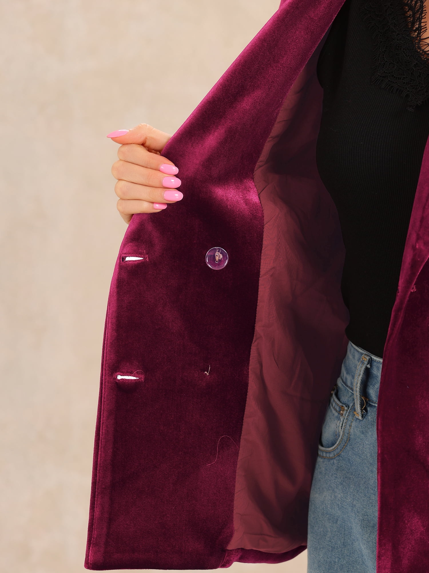 DARING DIVA Women's Velvet Notched Lapel Double Breasted Blazer Jacket XS Dark Red