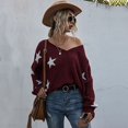 thumbnail image 3 of Star Pattern V Neck Long Sleeve Frayed Hem Sweater for Women, 3 of 3