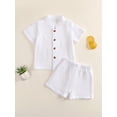 thumbnail image 4 of BemeyourBBs Toddler Baby Boy Summer Clothes 2 Pieces Cotton Linen Outfit Solid Color Mock Neck Short Sleeve Button Down Shirt and Shorts Set, 4 of 9