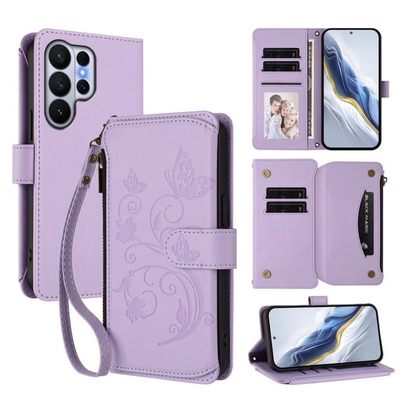 Decase for Samsung Galaxy S26 Ultra Crossbody Zipper Wallet Phone Case,Floral Embossed Pattern PU Leather Flip Phone Shell,Shockproof Hybrid Card Slots Stand Cover,Purple