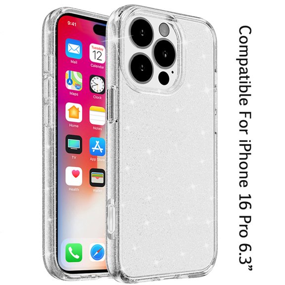 For Apple iPhone 16 Pro (6.3") Transparent Glitter Shiny Sparkle Bling TPU Rubber Hard Back Hybrid Frame Shockproof Cover ,Xpm Phone Case [ Clear ]