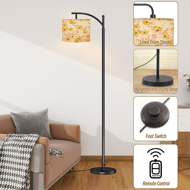 Arc Floor Lamps Delicate Feminine Seamless Pattern Wildflowers Modern LED Adjustable Lampshade Standing Light for Living Room Reading Bedroom Office