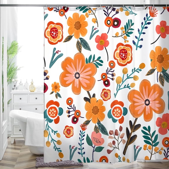 Bohemian Shower Curtain, Boho Floral Print Water Repellent Polyester Fabric for Bathroom Decor, 72×72 Inch Standard Size with 12 Hooks, Also as Room Divider