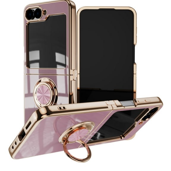 Allytechgroup 360° Rotatable Ring Holder Stand Case for Galaxy Z Flip 6, Heavy Duty Protection Soft TPU Shockproof Luxury Gold Plating Magnetic Kickstand Support Magnetic Car Mount Cover, Lightpurple