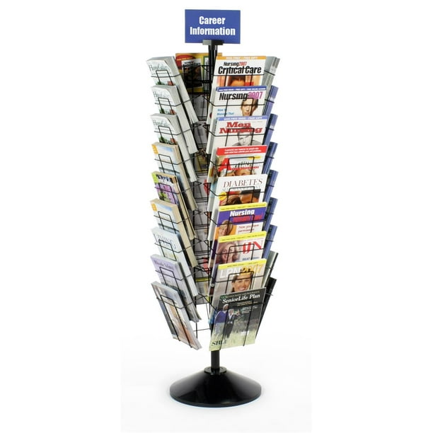59" Rotating Wire Magazine Rack with 36 Pockets, Includes Sign Holder Black