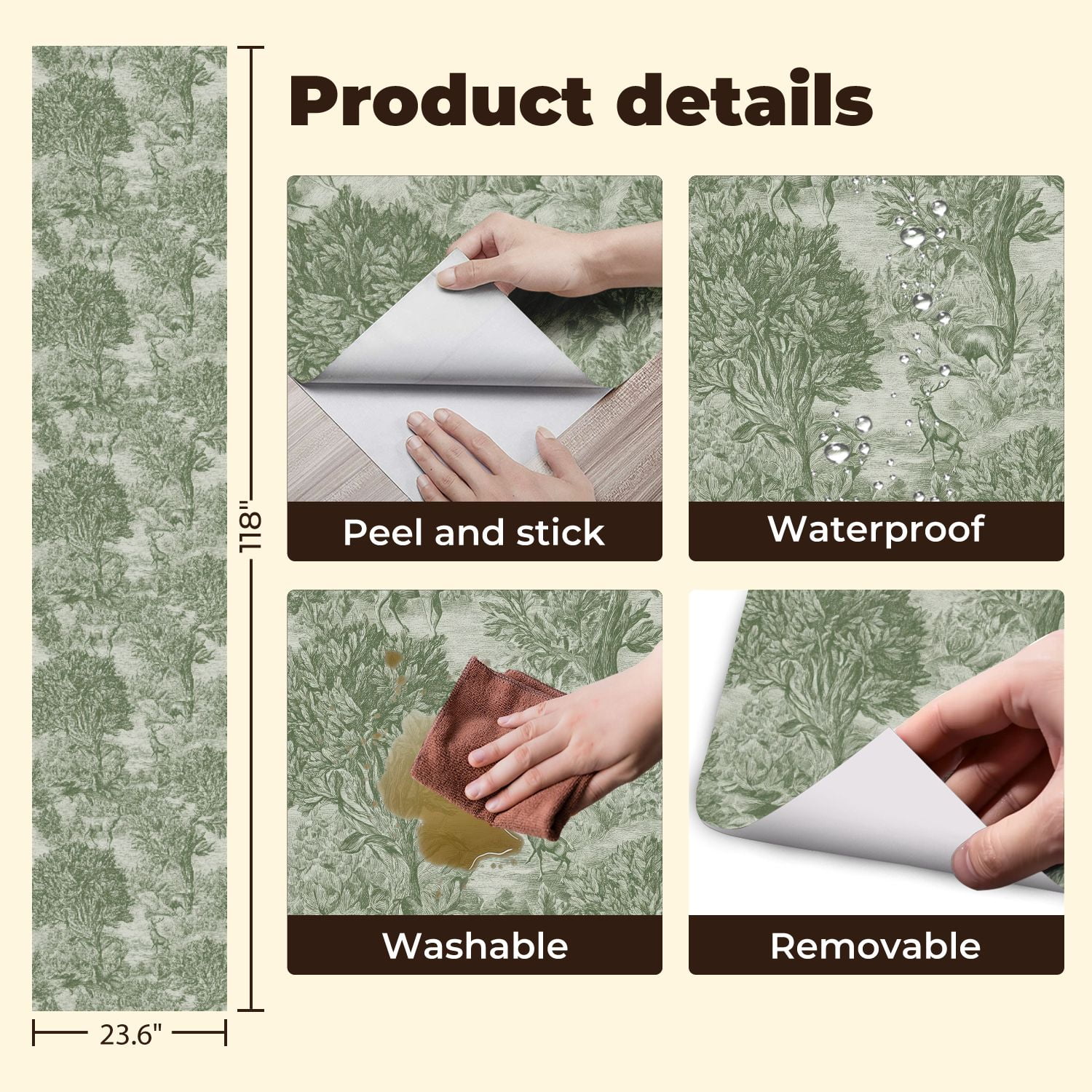 Hunt Peel and Stick Wallpaper 23.6in x 9.8ft Vintage Green Forest Deer Botanical Elements Contact Paper Vinyl Waterproof Self Adhesive Wall Paper for Bedroom Shelf Cabinet Renter Friendly
