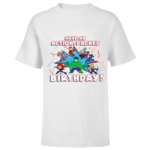 Marvel Avengers Toony Party Have an Action-Packed Birthday - Short Sleeve T-Shirt for Kids - Customized-White
