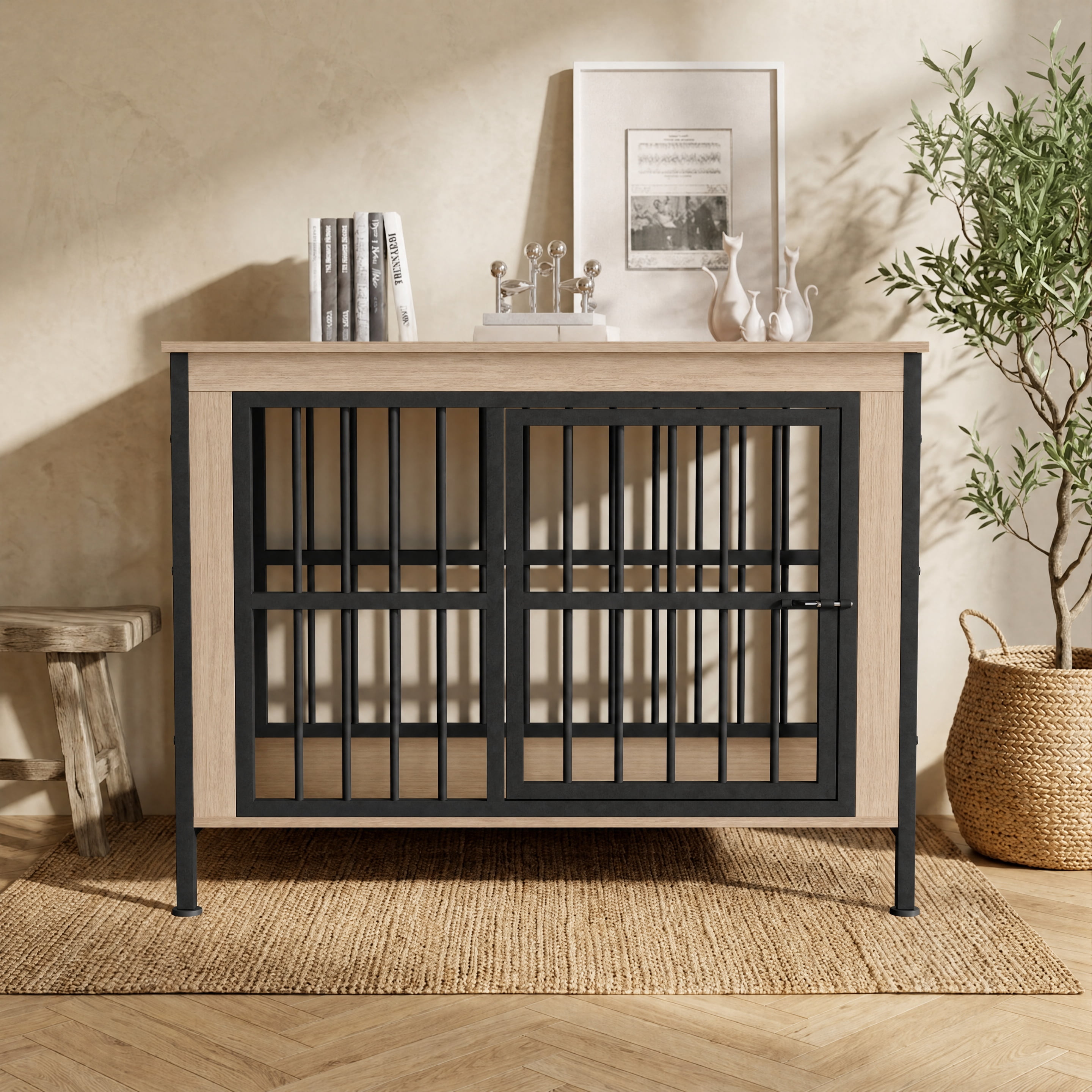 TIME RAY 39 Inch Dog Crate Furniture for Large Dog,Wood Dog Kennel Furniture Indoor with Removable Divider,Dog Cage Furniture as TV Stand,White