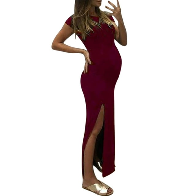 WTXUE Robes de Maternité, Mode Femmes Robe Moulante Unie à Manches Courtes à Fente Ouverte Grossesse Robe de Maternité Encolure Ronde Robe de Maternité pour Femme Manches Courtes Bordeaux