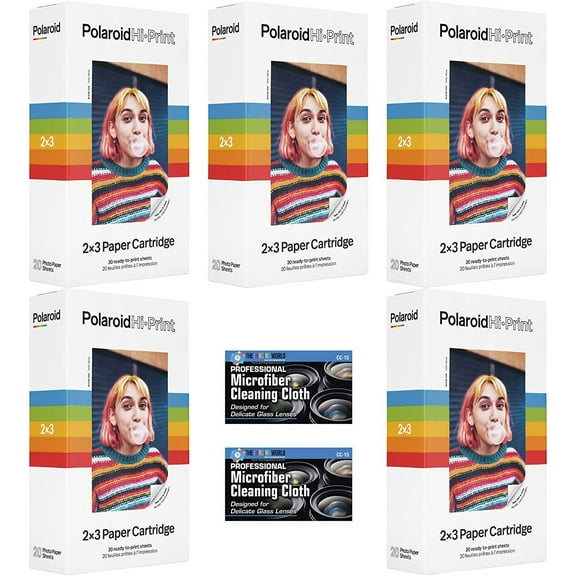 Polaroid Hi-Print 2 x 3 Paper Cartridges - 5 Pack, 100 Sheets - with Two Microfiber Cleaning Cloths