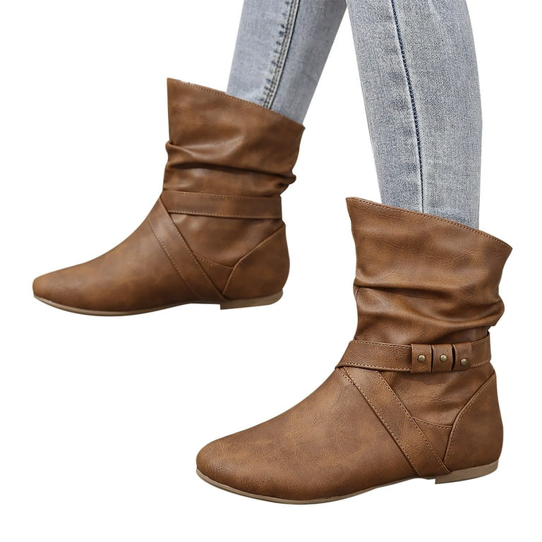 Women's Buckle Ankle Boots Flat Slouch Boots Faux Leather Buckle