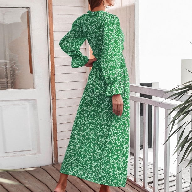 Odeerbi Dresses for Women 2025 Casual Maxi Dresses Erogenous Fashion V-Neck Floral  Long Sleeve Flared Sleeve Long Dress Green - Walmart Business Supplies