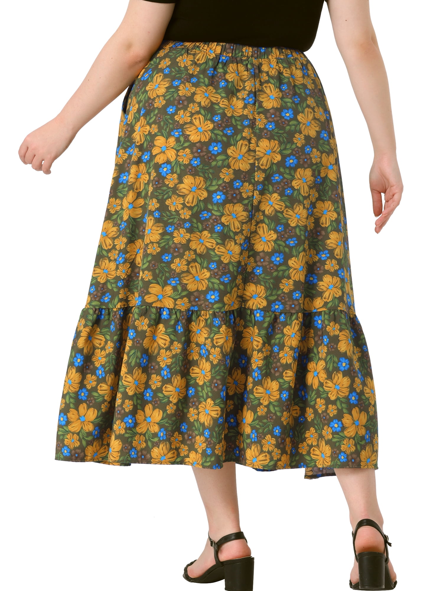 DARING DIVA Women's Plus Skirts Floral Stretchy Waist Layered Maxi Skirt 4X Green Yellow