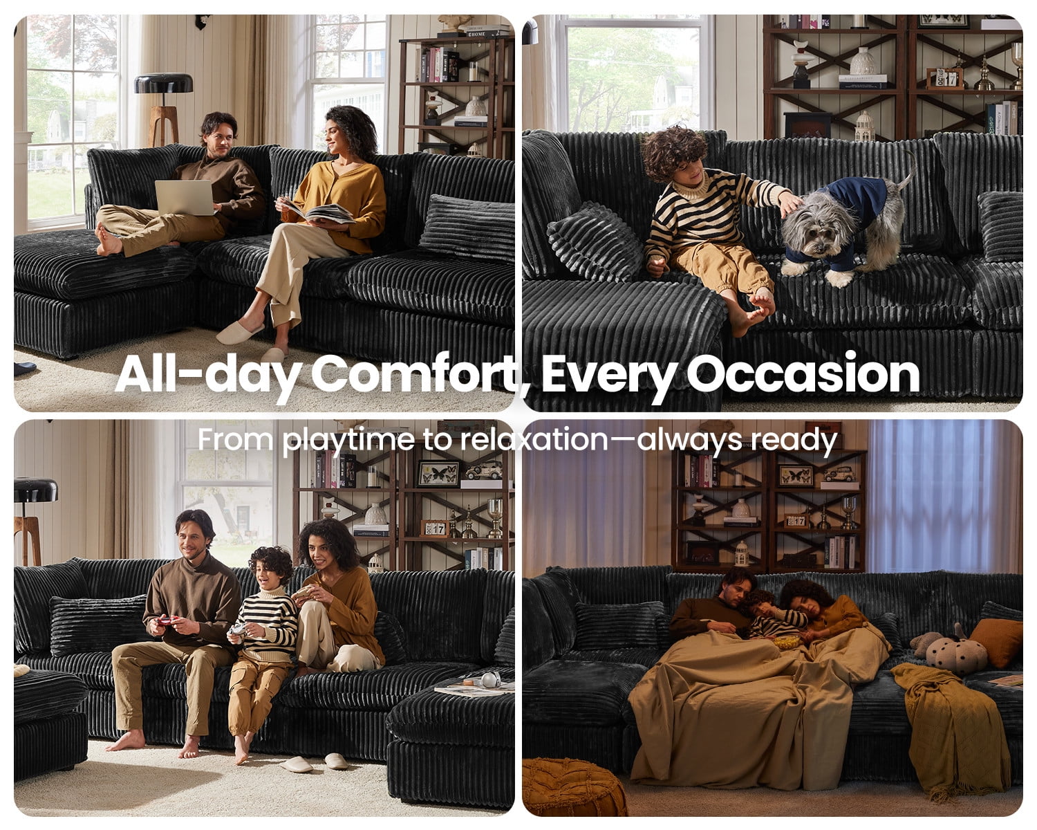 CHIC HOUSE Oversized Modular Sofa,Extra Deep Cloud Corduroy Sectional Couch with Ottoman Chaise,FSC Certified Fluffy Chenille Loveseat L Sofa for Living Room,Villa