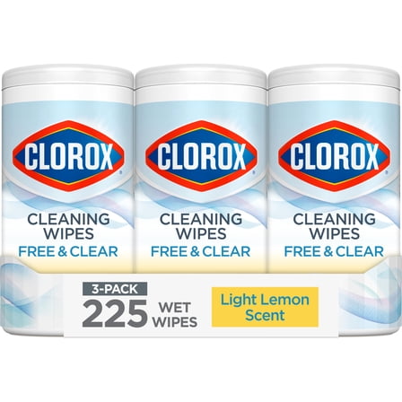 Clorox Free & Clear Cleaning Wipes, Light Lemon Scent, 75 Count, Pack of 3