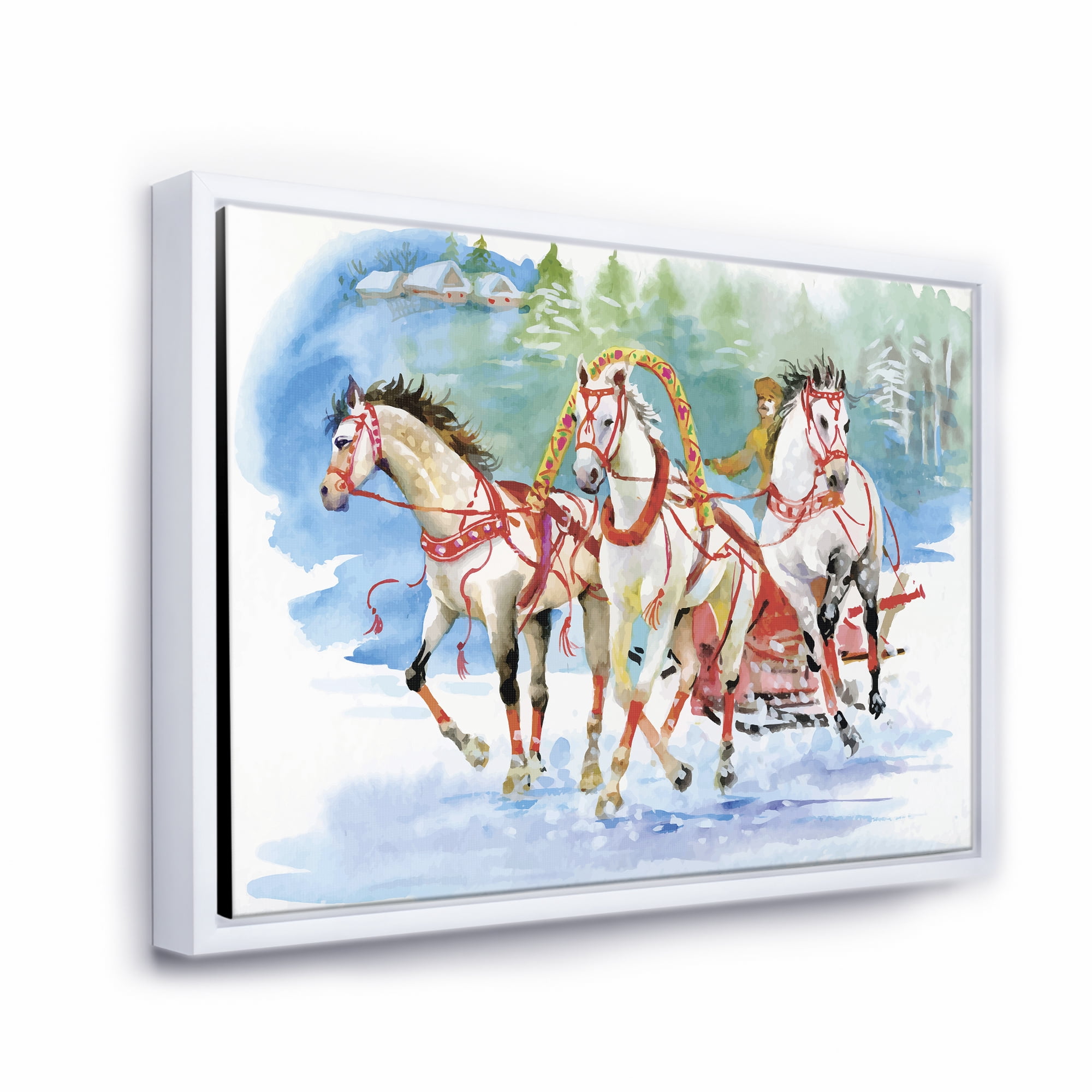 Designart 'Carriage In The Snow With Galoping Horses' Farmhouse Framed Canvas Wall Art Print