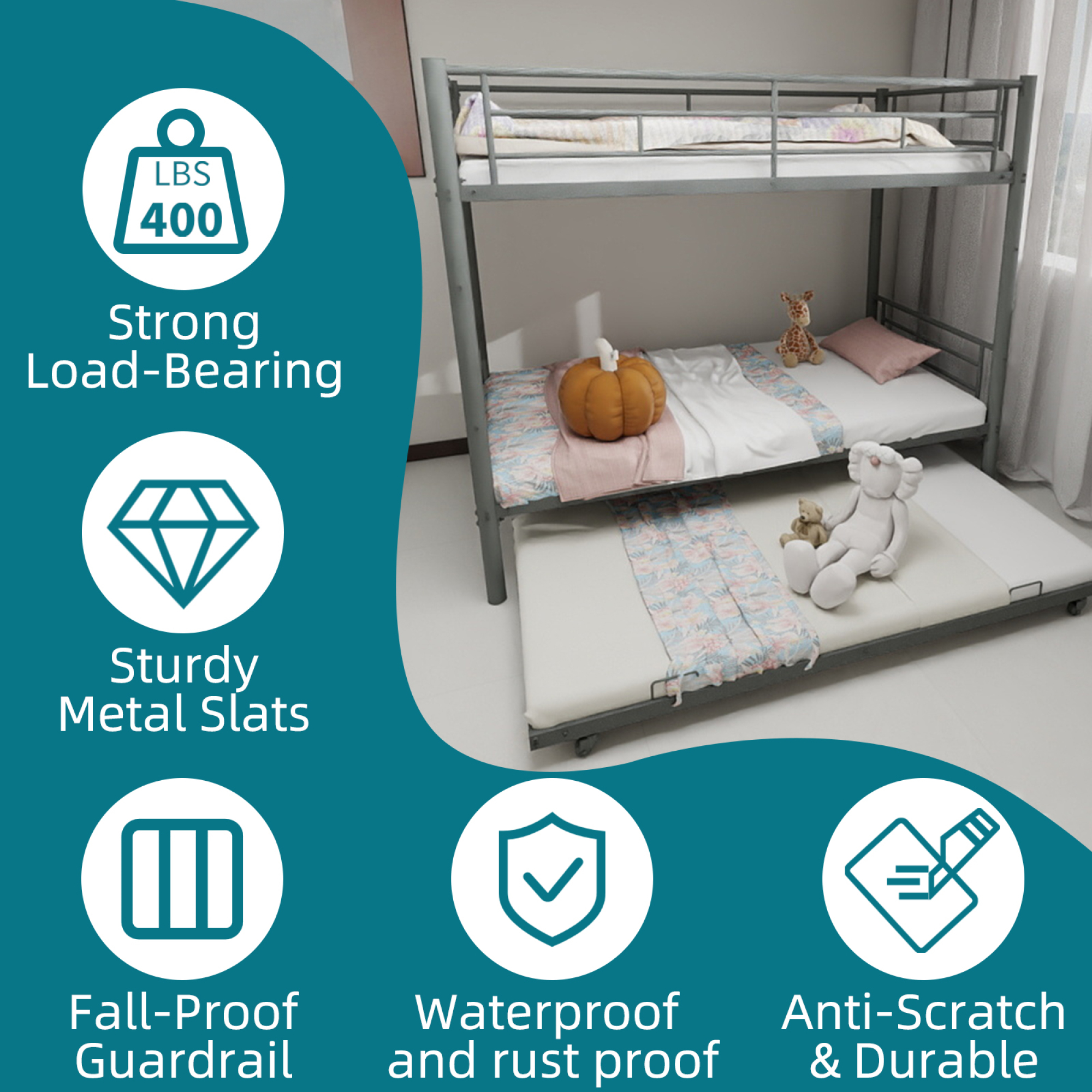 Twin over Twin Bunk Bed with Trundle,Heavy Duty Metal Bed Frame with Sturdy Guardrail for Kids/Adults,Noise Reduced,Silver