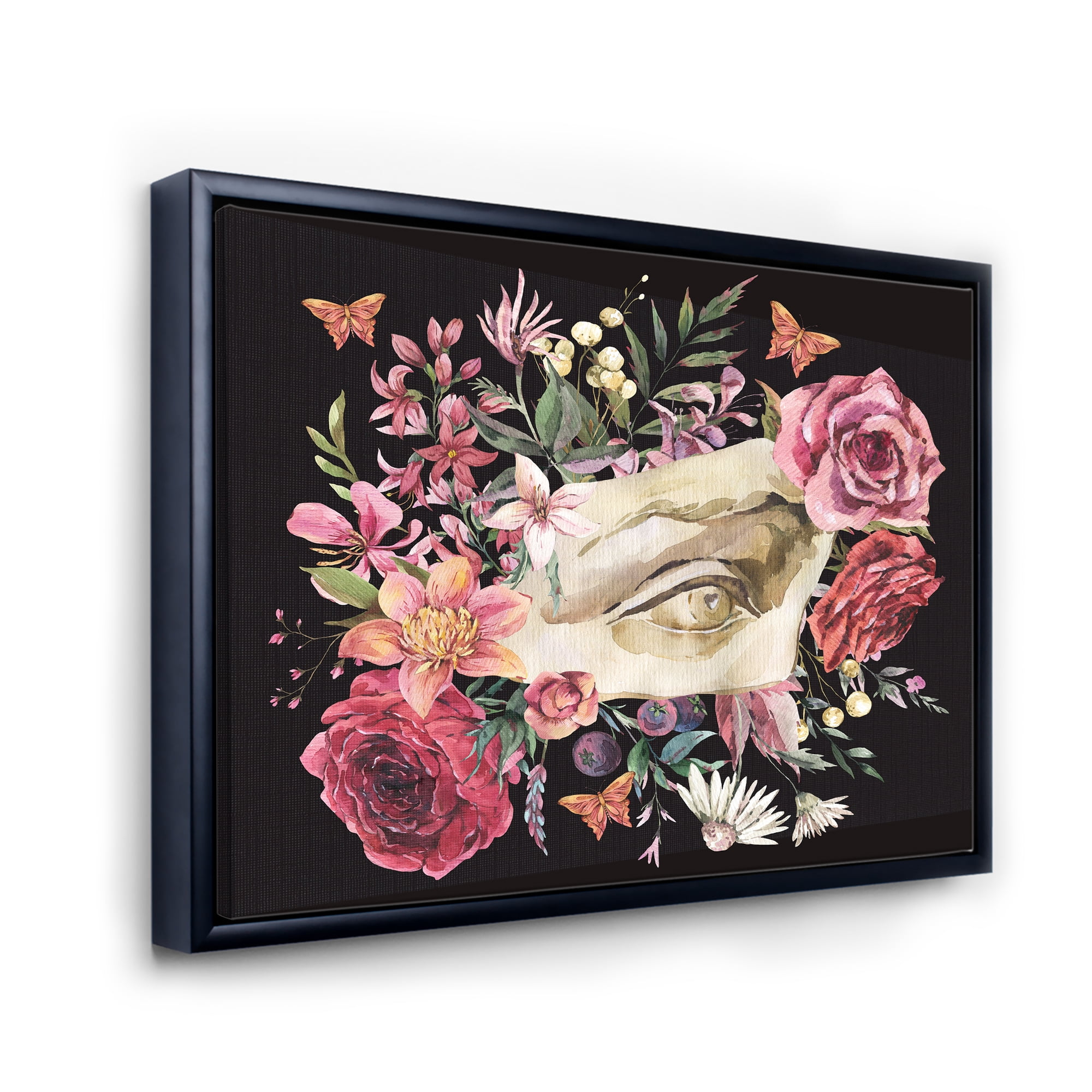 Designart 'Dried Wildflowers With Greek Sculpture David Eye' Farmhouse Framed Canvas Wall Art Print