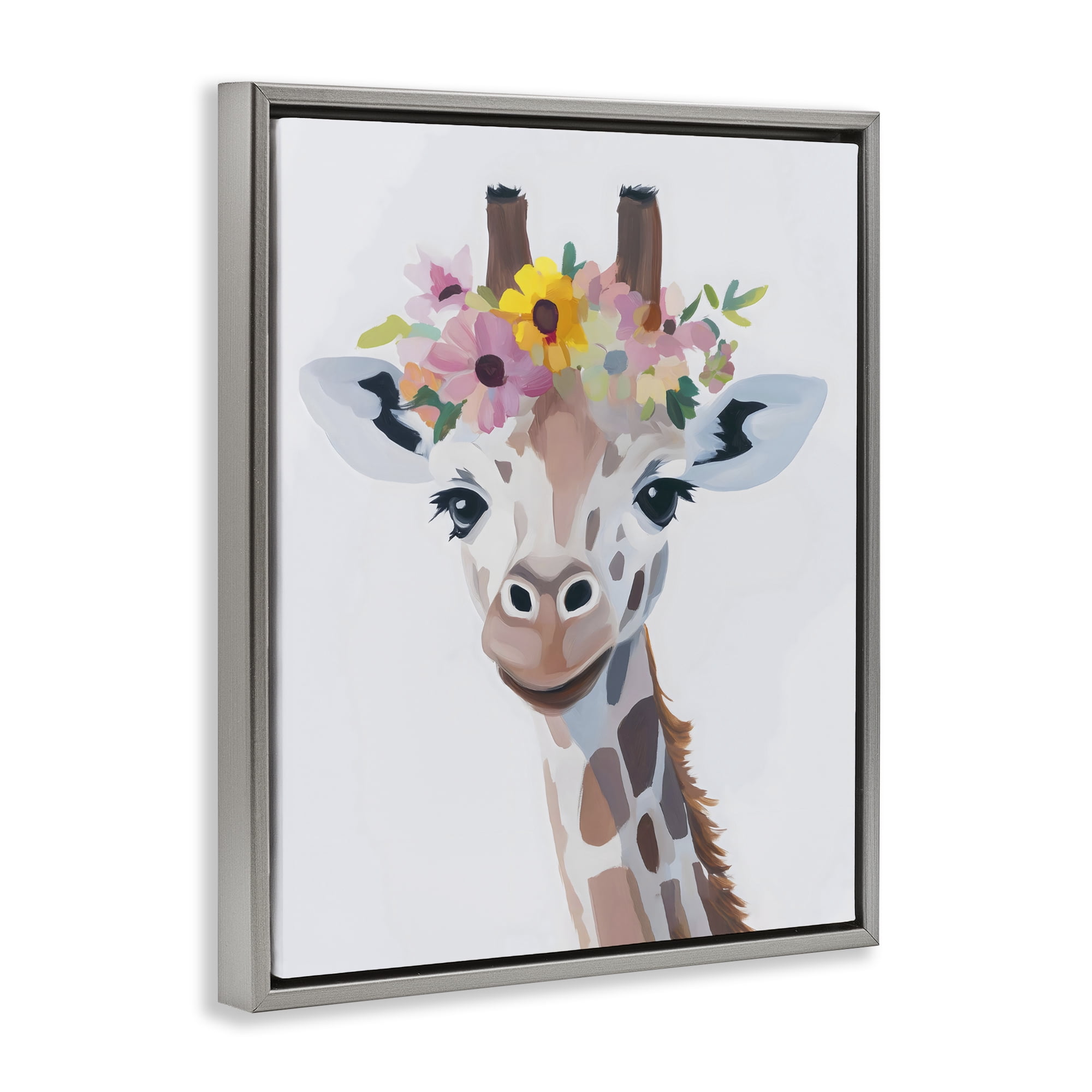 Stupell Industries Flower Crown Giraffe Gray Framed Floater Canvas Wall Art, design by The Prints Vibe