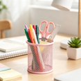 thumbnail image 2 of Pen Holder, Metal Mesh Pencil Cup, Hollow Round Stationery Cup, Large Capacity Desk Caddy for Pencils, Markers, and Makeup Brushes, Compact Table Organizer for Pens, Markers, and Scissors,Pink, 2 of 9