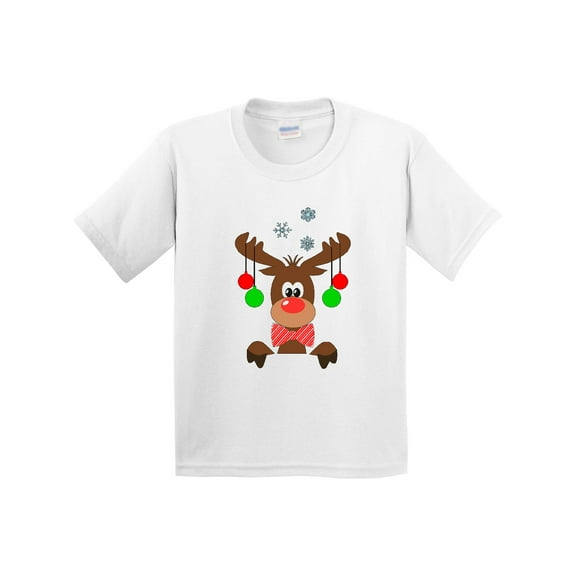 Inktastic Cute Christmas Reindeer with Red Nose, Ornaments and Bow Tie Youth T-Shirt