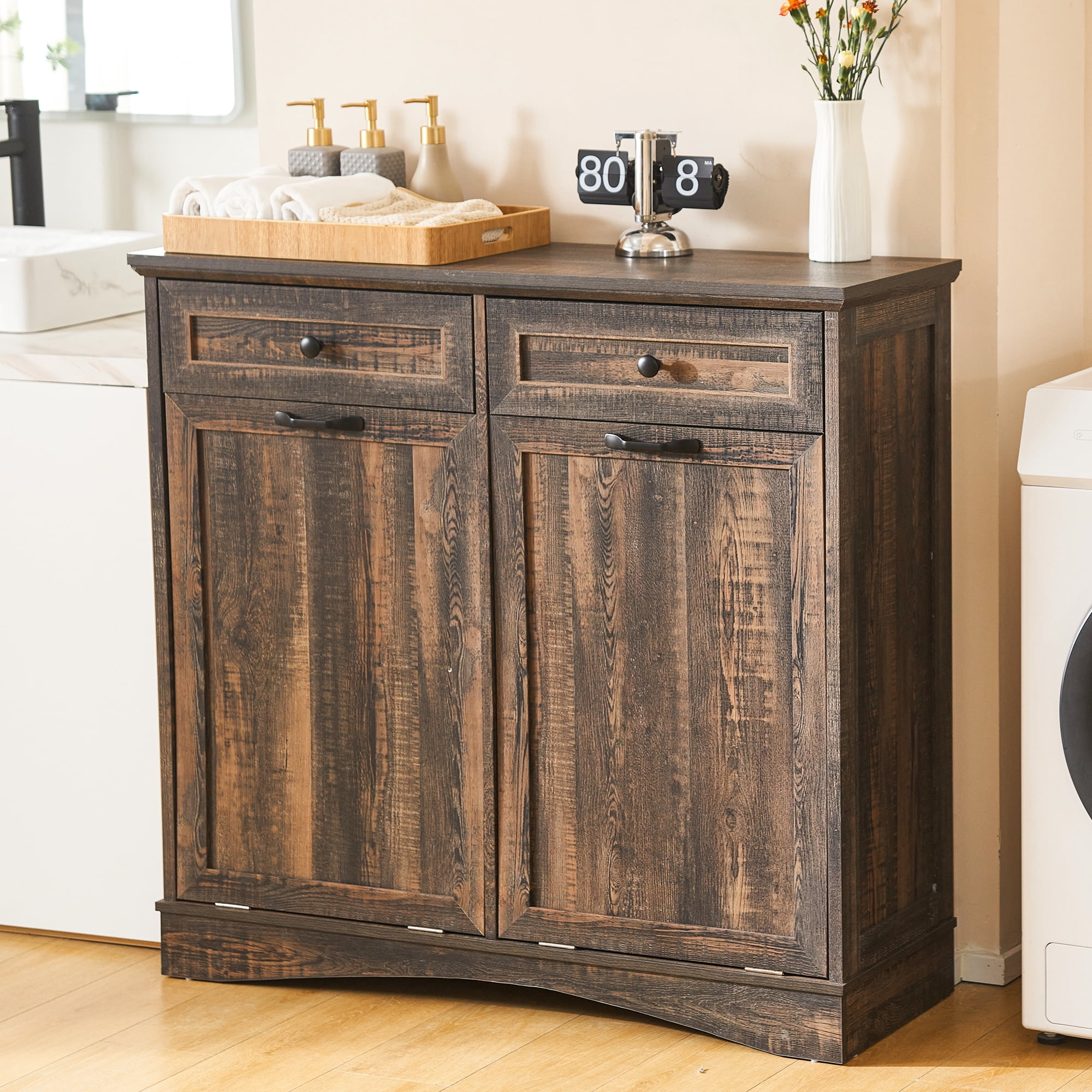 HARIPUL Double Tilt Out Trash Cabinet, 26 Gallon Trash Can Cabinet with Drawers & Handles for Kitchen, Dark Brown