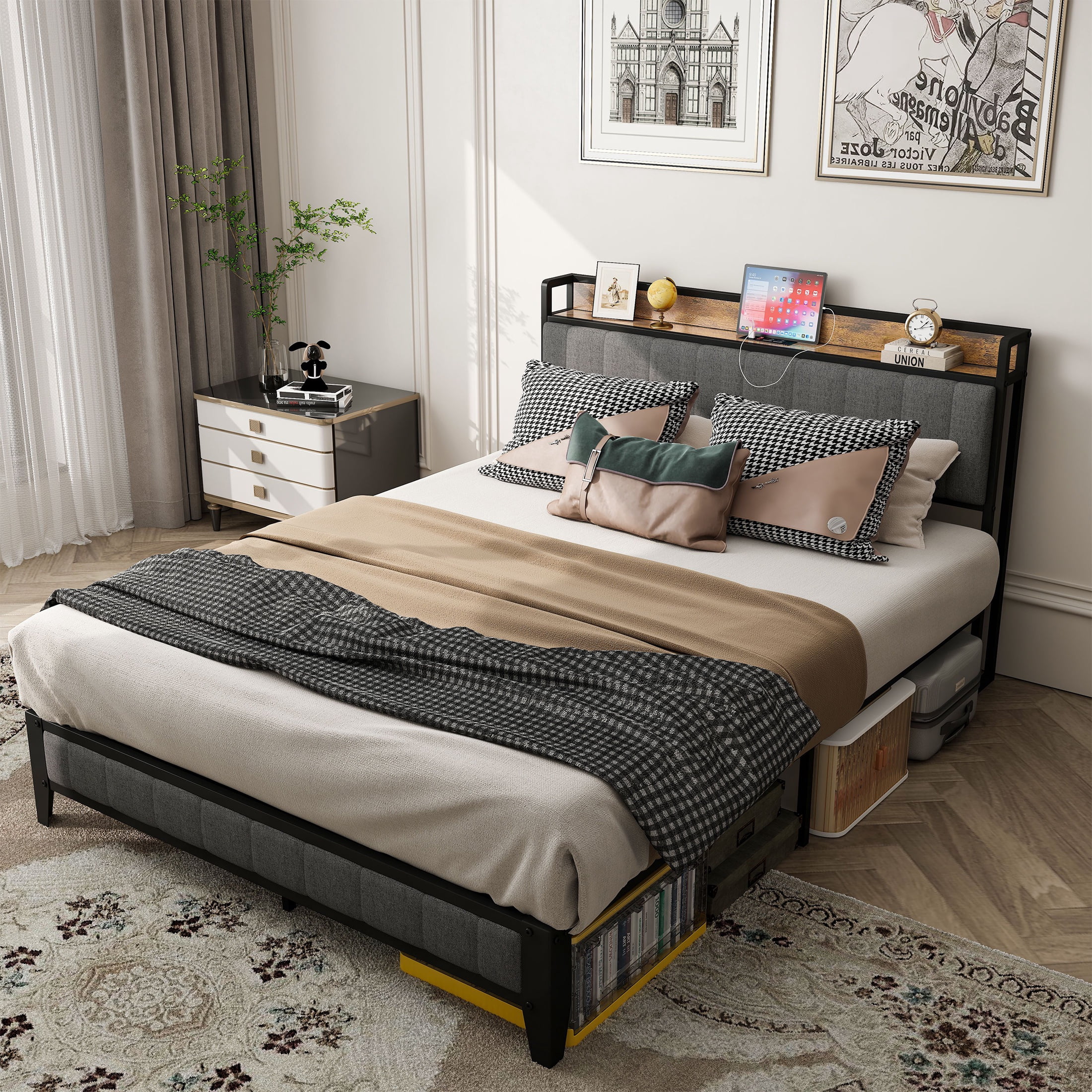 PORKISS Full Size Bed Frame, Metal Platform Bed with Upholstered Headboard and Charging Station, Modern Full Bed Frame with Metal Slats for Adults, No Box Spring Needed, Dark Grey