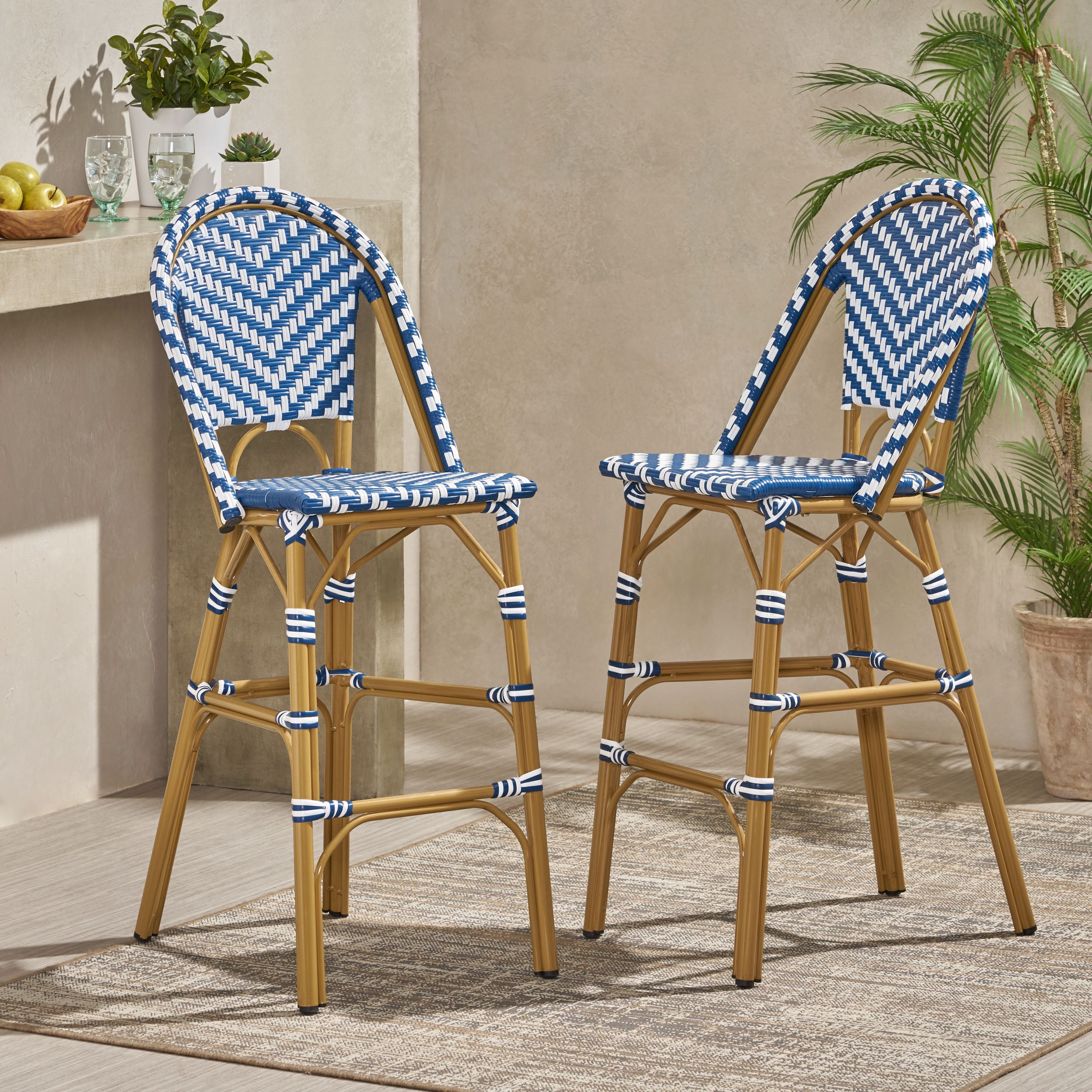 Outdoor French Style Bar Stool Set of 2 29.5 Inch, PE Rattan Frame Height Seats for Patio Bar, Navy Blue and White