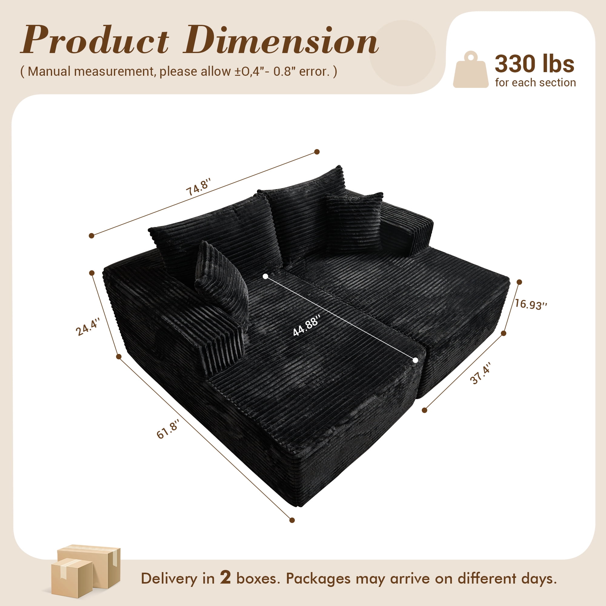 XIZZI Oversized Chaise Lounge Chair Indoor Double, Modular Sectional Sofa with Plush Corduroy, Sleeper Sofa Boneless Couch for Living Room Bedroom, No Assembly Required, Black