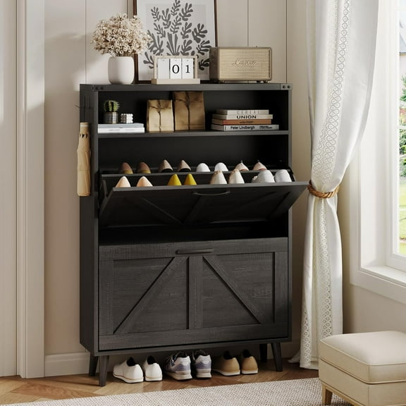 Shoe Cabinet with 2 Flip Drawers & Open Storage,Farmhouse Shoe Storage Cabinet for Entryway,Freestanding Narrow Organizer Rack with Legs,Foyer,Hallway,Black