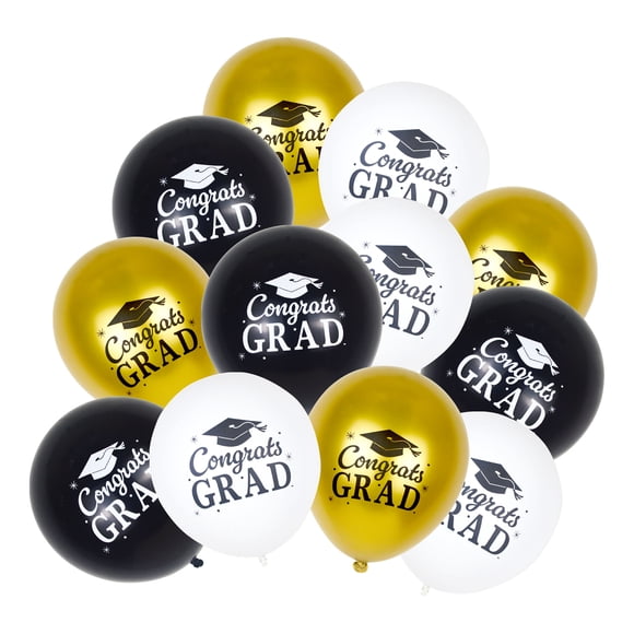 Graduation 12 Count Black, White, Gold Latex Balloon, 12in, Adult, Decoration, Graduation, Way To Celebrate