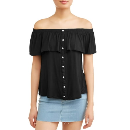 Juniors' Button Front Flounce Off the Shoulder Blouse