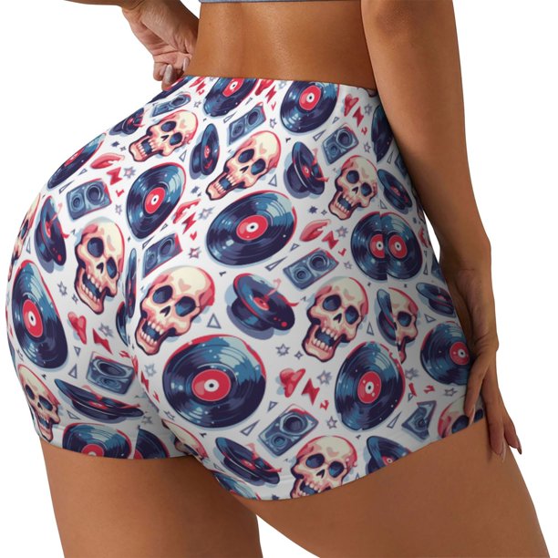 Fotbe record rock music Skull Shorts Sin Costuras – Shorts Deportivos de Cintura Alta para Mujer, Elásticos para Gimnasio, Yoga, Running o Ciclismo-Medium
