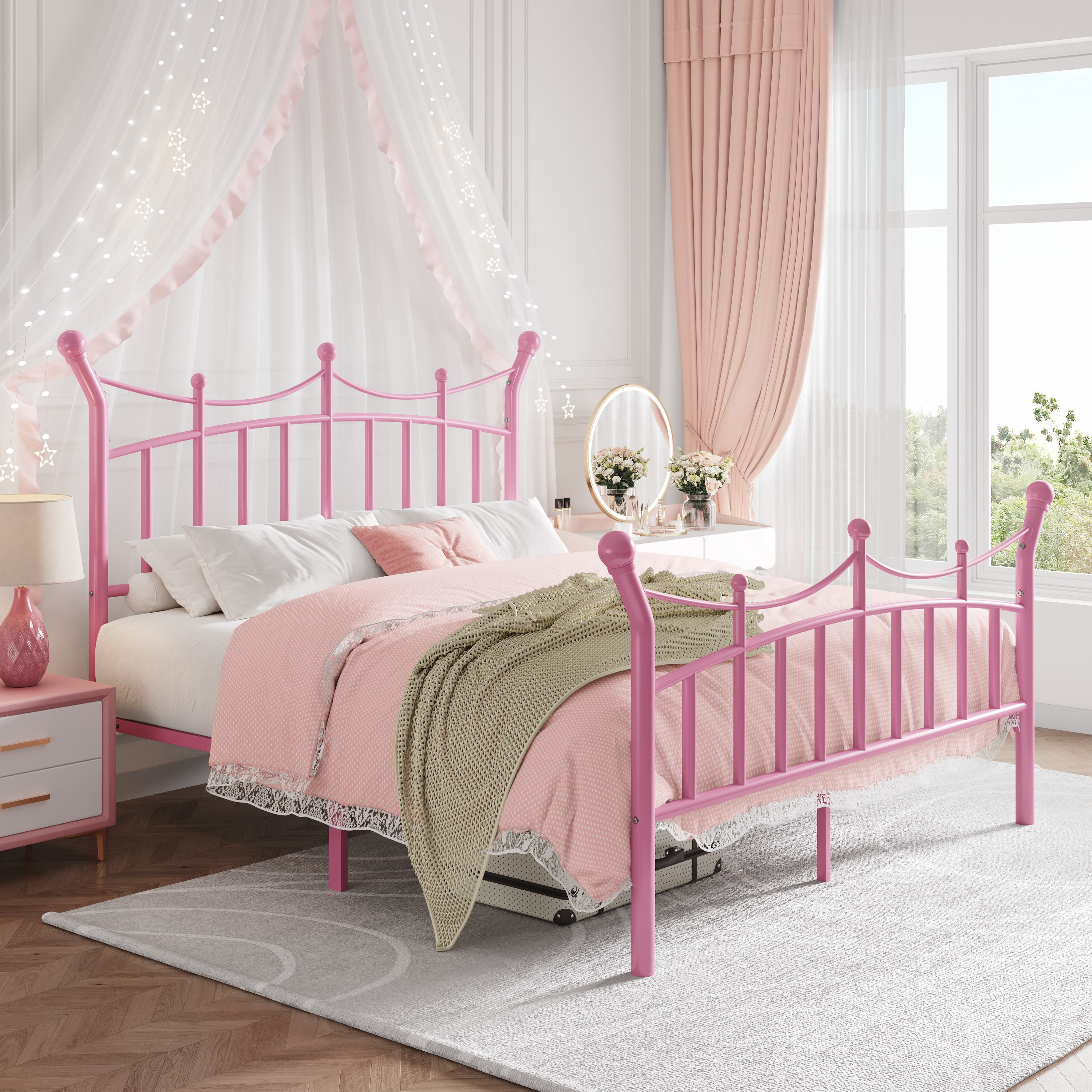 Amolife Full Bed Frame, Metal Platform Bed with Crown-Shaped Headboard and Footboard, 12.6'' Under-Bed Storage Space, No Box Spring Needed, Pink