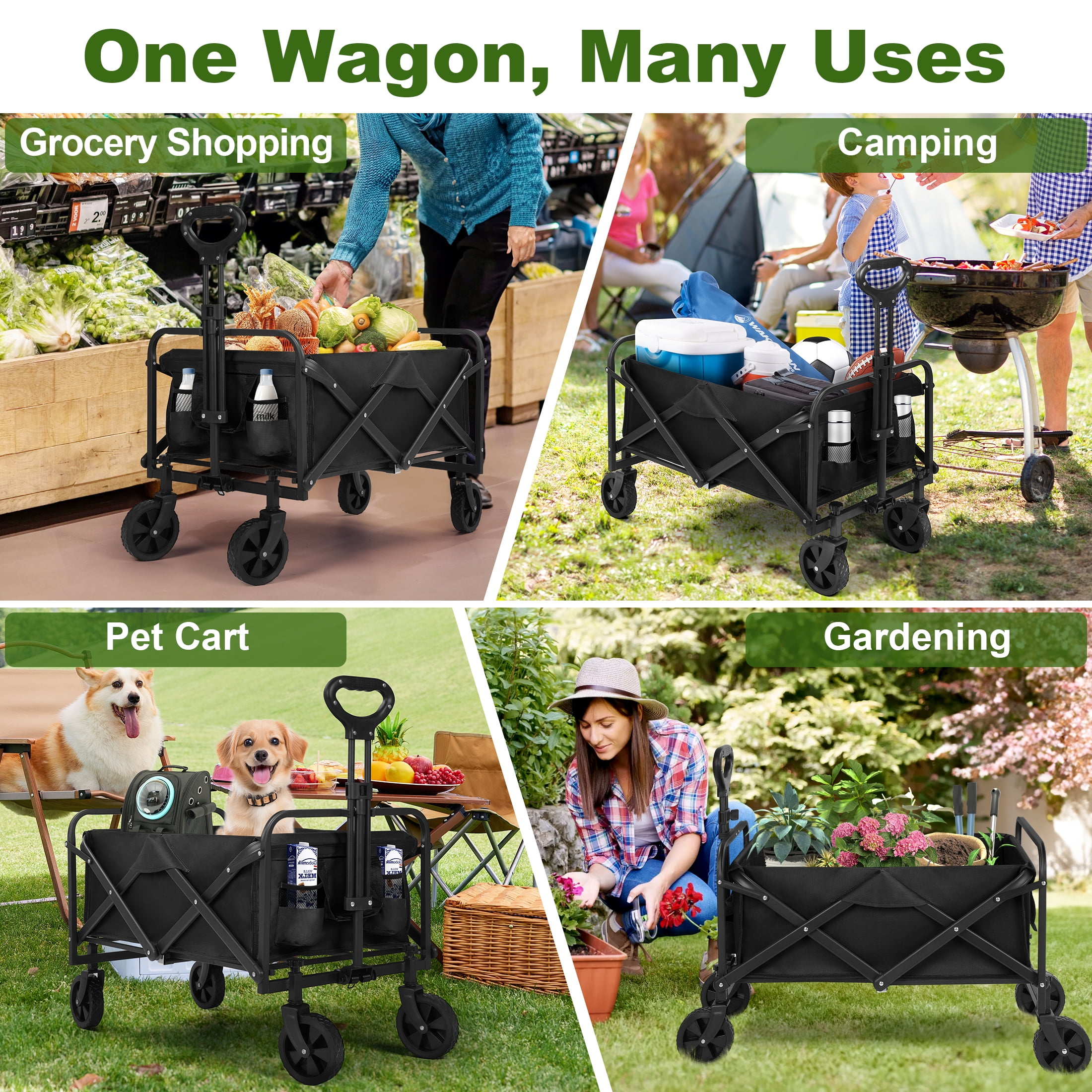 Firstness Collapsible Wagon Cart, Folding Utility Garden Wagon for Camping Beach Picnic Shopping Sports & Grocery, Black