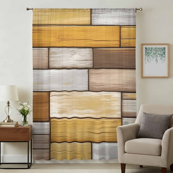 Brown Yellow Vintage Sheer Curtains 96 Inches Long, Retro Farmhouse Elegant Pastoral Light Filering Curtains, Privacy Drapes Simi Floor to Veiling Curtain for Living Room Bedroom Window Treatment