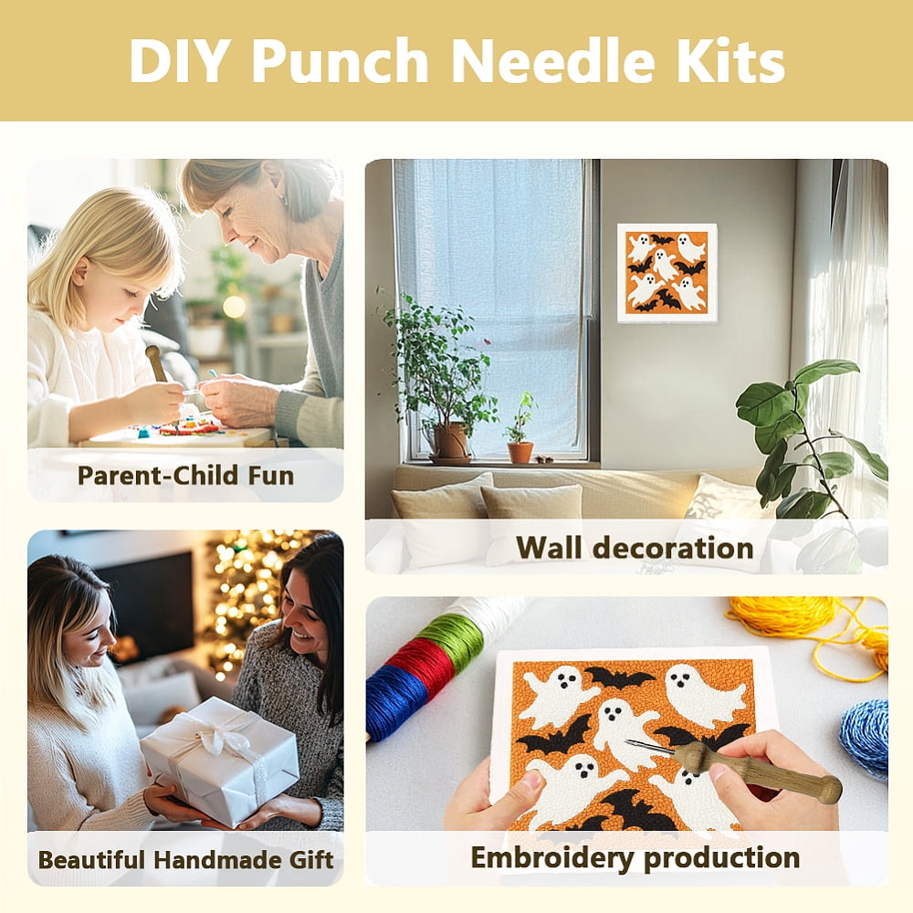Polyester Cotton Punch Needle 4Folded Yarns Embroidery Kit Included Threader Cotton Thread Punch Needle Thread Clips 3.5MM Wooden Needle 240x240mm DIY