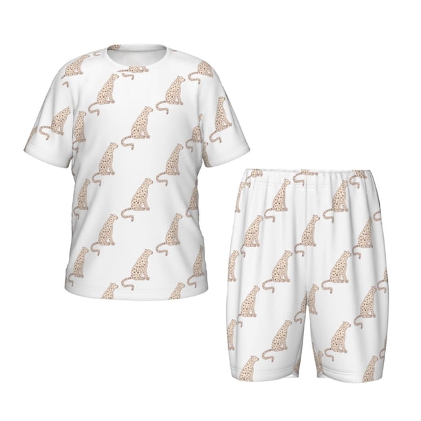 Fotbe Leopard Print Pijama Estampada de 2 Piezas para Niños – Ropa de Dormir de Manga Corta Cómoda para Niños y Niñas, Camiseta y Shorts de Algodón-Medium