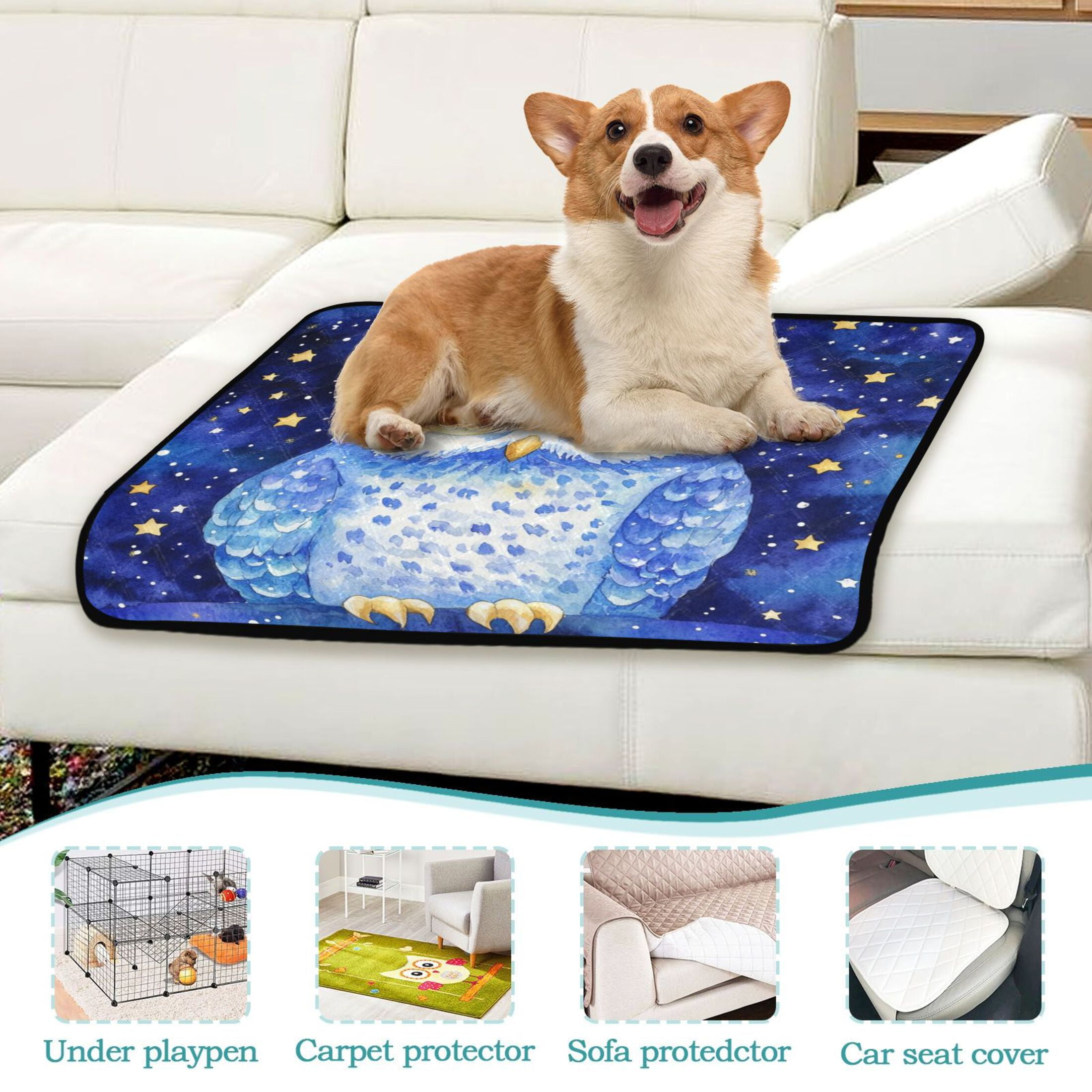 Qxltty Blue Starry Owl Cat litter Pads Pet Set of 2 Diaper Mats Center Anti-leakage Layer Absorbent Soft and Comfortable