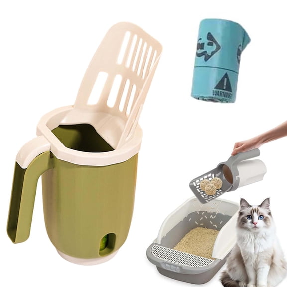 3-in-1 Cat Litter Scooper with Waste Station, Built-in Bag Dispenser & Stand, Portable Litter Box Scoop, Lightweight Plastic Litter Sifter Scoop for Cats _ Green